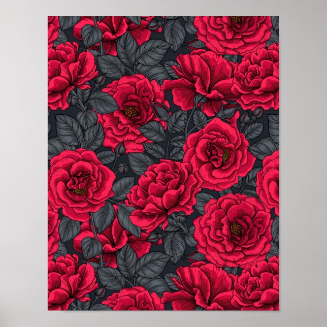 Red roses with gray leaves on black poster (Front)