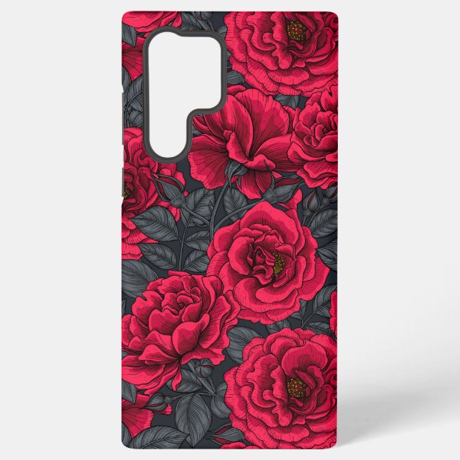 Red roses with gray leaves on black samsung galaxy case (Back)