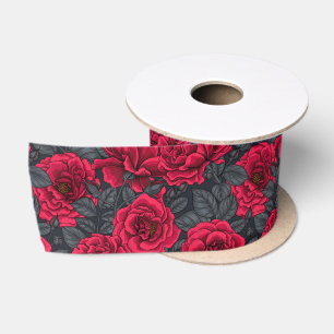 Red roses with gray leaves on black satin ribbon