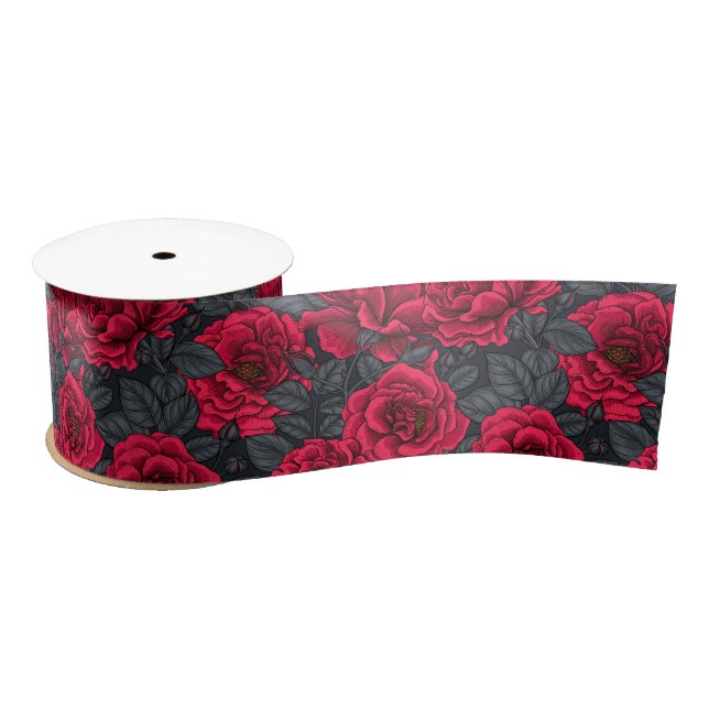 Red roses with gray leaves on black satin ribbon (Spool)