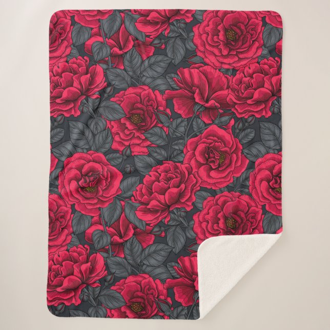 Red roses with gray leaves on black sherpa blanket (Front)