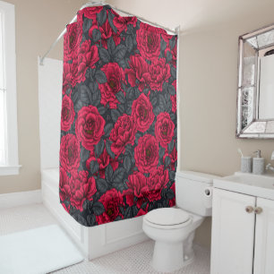 Red roses with gray leaves on black shower curtain