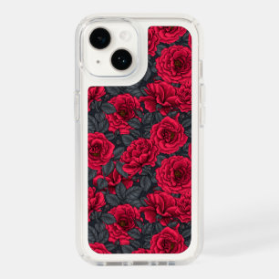 Red roses with gray leaves on black speck iPhone 14 case