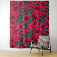Red roses with gray leaves on black