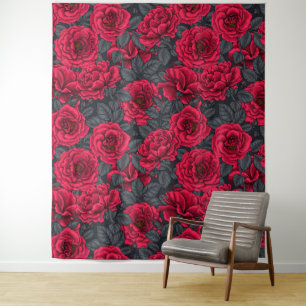 Red roses with gray leaves on black tapestry