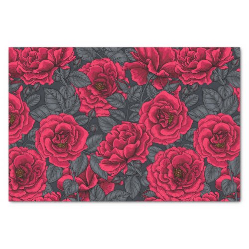 Red roses with gray leaves on black tissue paper