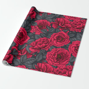 Red roses with gray leaves on black wrapping paper