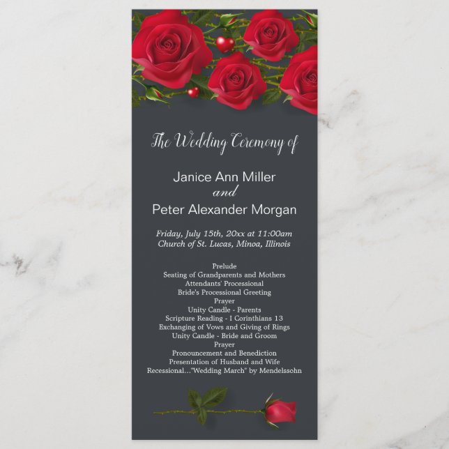 Red roses with hearts on gray Wedding Program (Front)