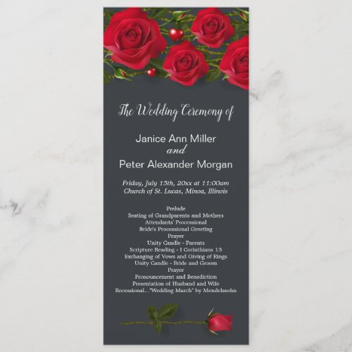 Red roses with hearts on gray Wedding Program