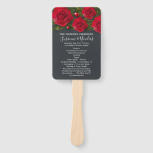 Red roses with hearts on gray Wedding program Hand Fan