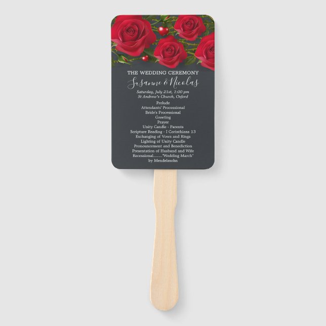 Red roses with hearts  on gray Wedding program Hand Fan (Front)