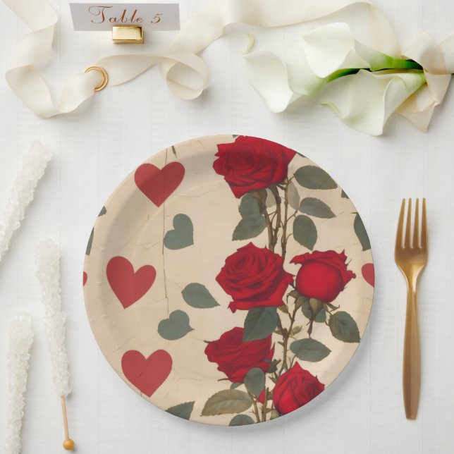 Red Roses with Hearts Pattern Romantic Paper Plates (Wedding)