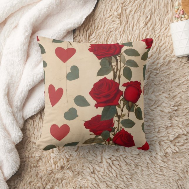Red Roses with Hearts Pattern Romantic Throw Pillow (Blanket)