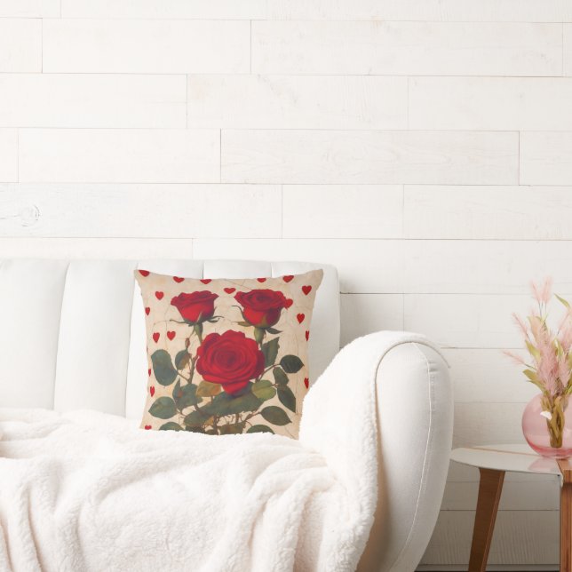 Red Roses with Hearts Valentine Romantic Throw Pillow (Couch)
