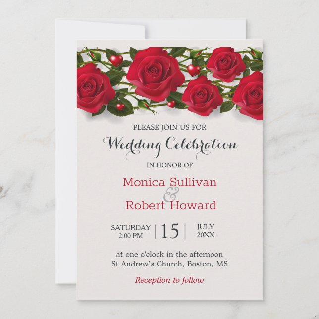 Red roses with hearts Wedding Invitation (Front)