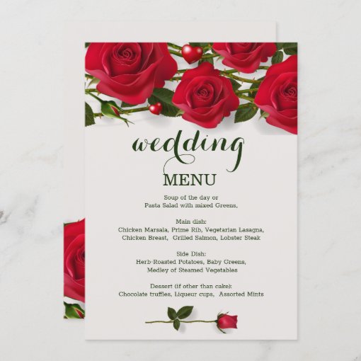 Red roses with hearts Wedding Menu card | Zazzle