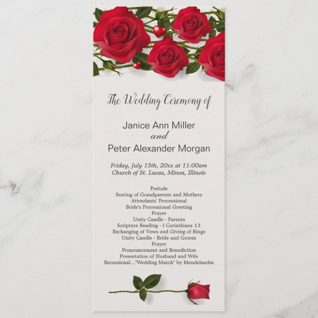 Red roses with hearts Wedding Program (Front)
