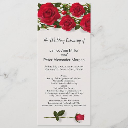 Red roses with hearts Wedding Program