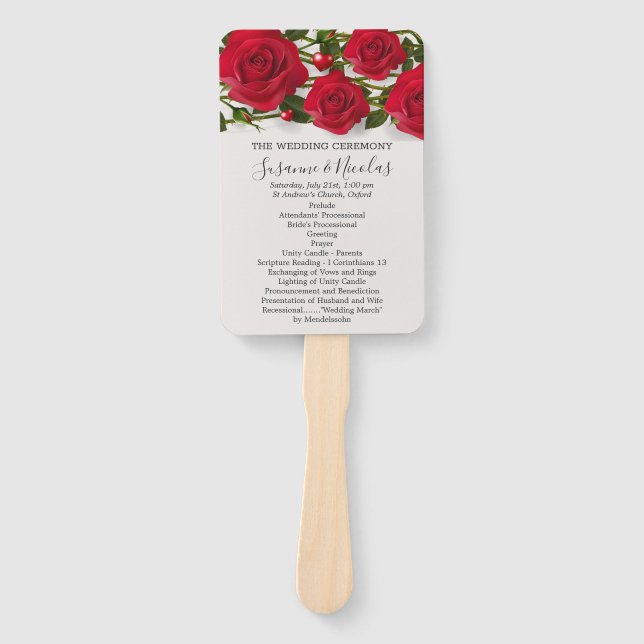 Red roses with hearts  Wedding program Hand Fan (Front)