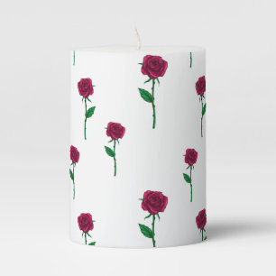 Red roses with stem on white for Valentine's Day Pillar Candle