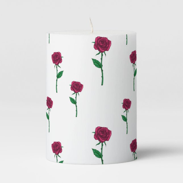 Red roses with stem on white for Valentine's Day Pillar Candle (Front)
