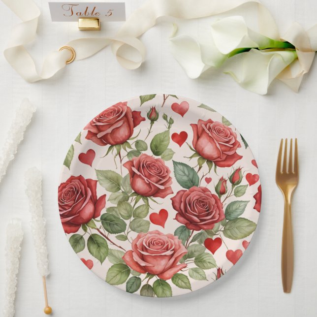 Red Roses with Valentine Hearts Pattern Romantic Paper Plates (Wedding)