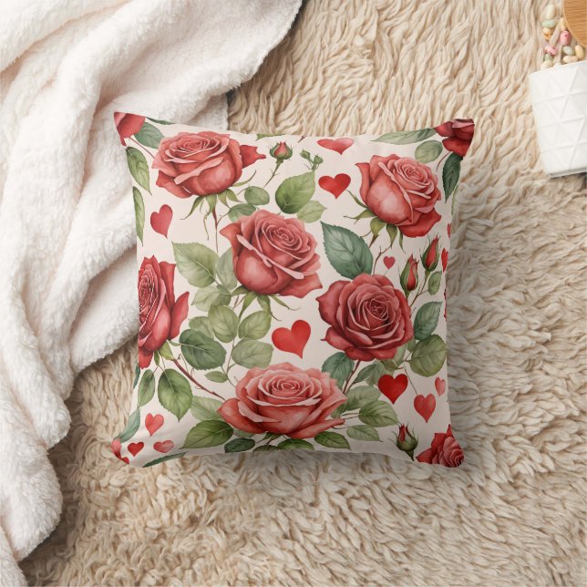 Red Roses with Valentine Hearts Pattern Romantic Throw Pillow (Blanket)