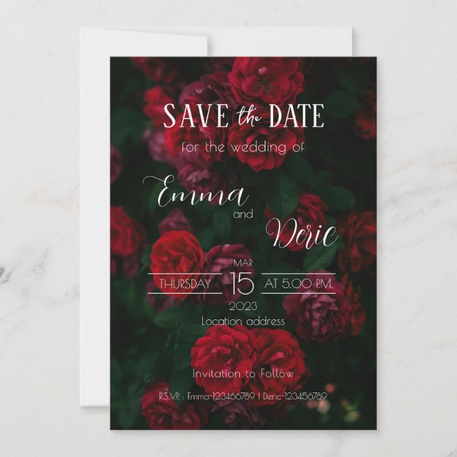 Red Roses with White Texts Save the Date Invitation (Front)