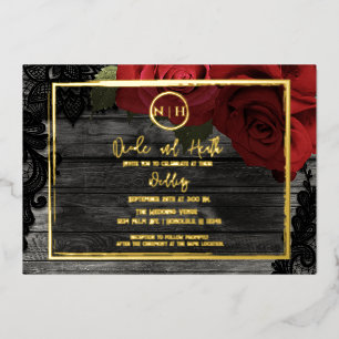 Red Roses Wood & Lace Elegant Rustic Wedding Gold Foil Invitation