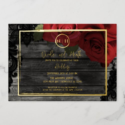Red Roses Wood  Lace Elegant Rustic Wedding Gold Foil Invitation