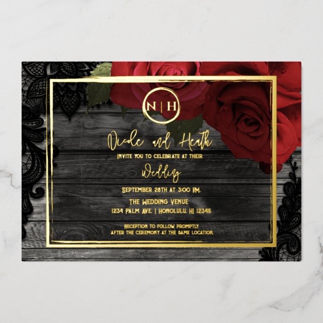 Red Roses Wood & Lace Elegant Rustic Wedding Gold Foil Invitation (Front)