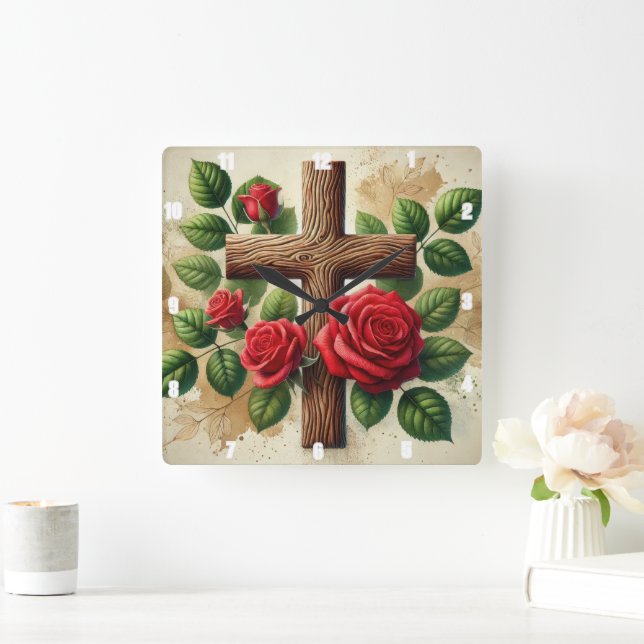  Red Roses Wooden Cross Square Wall Clock (Home)