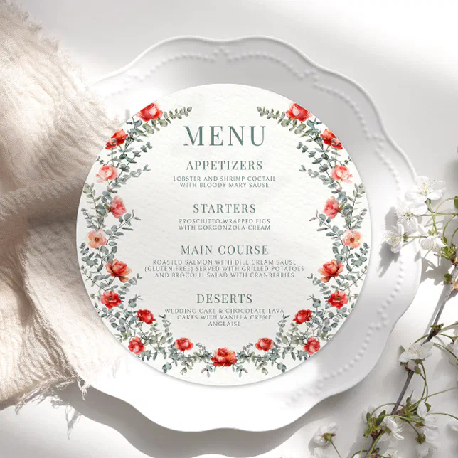 Red roses wreath greenery round Menu Card Plate | Zazzle