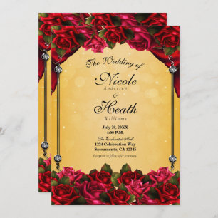 Red Roses Yellow & Gold Elegant Wedding Invitation