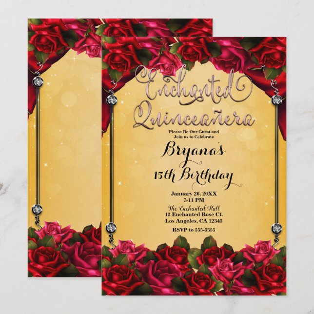 Red Roses Yellow Gold Pink Quinceañera 15th  Invitation (Front/Back)