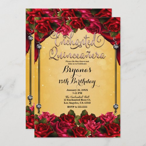 Red Roses Yellow Gold Pink Quinceaera 15th  Invitation