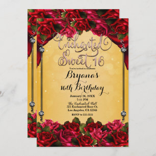 Red Roses Yellow & Gold Pink Sweet 16 16th Party Invitation