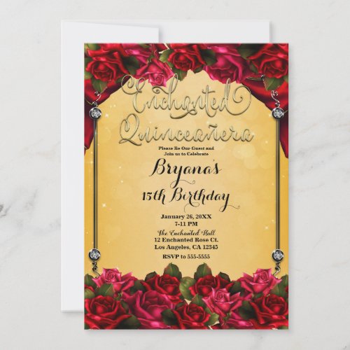 Red Roses Yellow  Gold Quinceaera 15th Party  Invitation