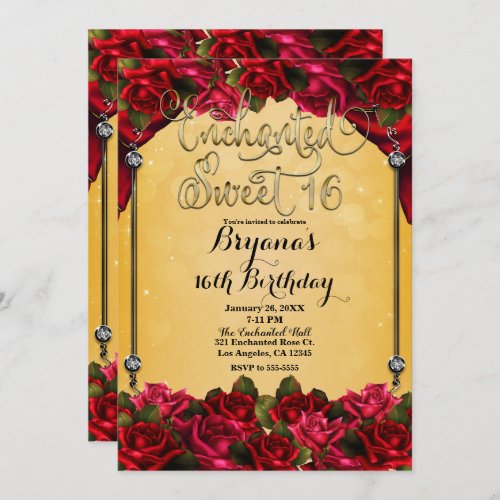 Red Roses Yellow  Gold Sweet 16 16th Party  Invitation