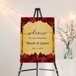 Red Roses Yellow Sparkle Wedding Welcome Sign