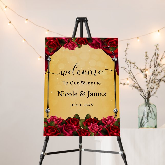 Red Roses Yellow Sparkle Wedding Welcome Sign  (In Situ (Stand))