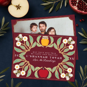 Red Rosh Hashanah Jewish New Year Floral Photo Holiday Card