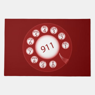 Red Rotary Phone Dial 911 Emergency Number Doormat