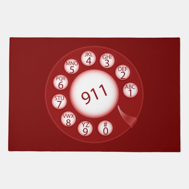 Red Rotary Phone Dial 911 Emergency Number Doormat (Front)