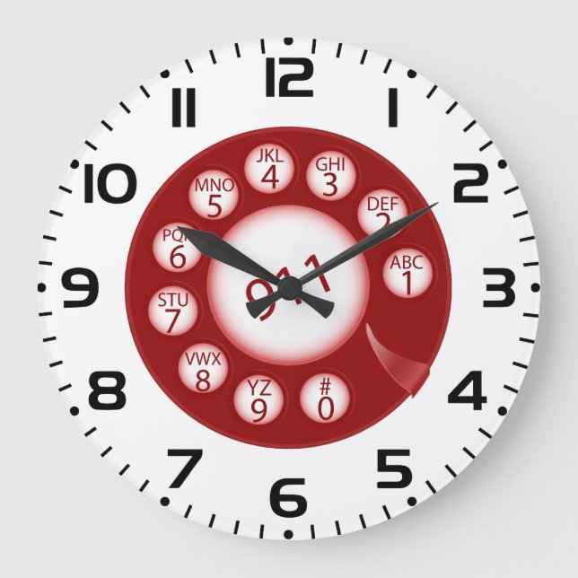 Red Rotary Phone Dial 911 Emergency Number Large Clock (Front)