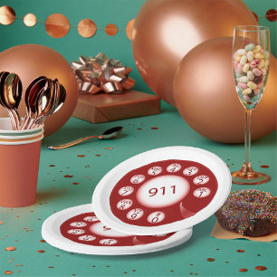 Red Rotary Phone Dial 911 Emergency Number Paper Plates