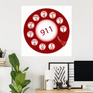 Red Rotary Phone Dial 911 Emergency Number Poster