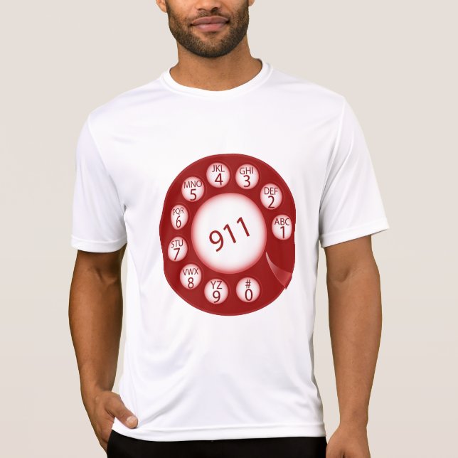 Red Rotary Phone Dial 911 Emergency Number T-Shirt (Front)