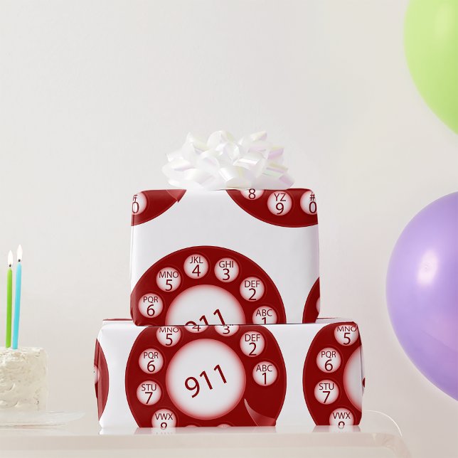 Red Rotary Phone Dial 911 Emergency Number Wrapping Paper (Creator Uploaded)