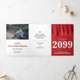 Red Row of Tassels 3-Photo Graduation Tri-Fold Invitation